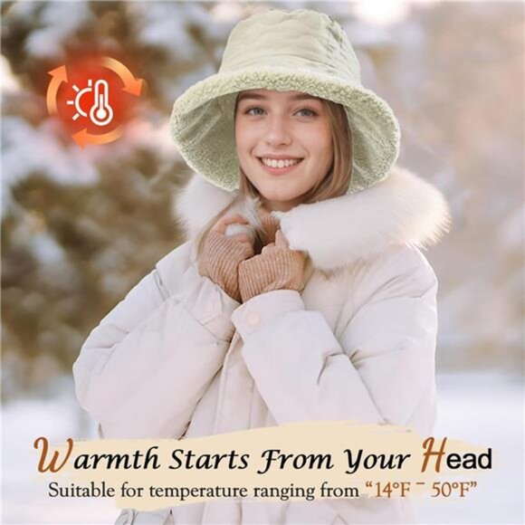 Women\'s Fuzzy Bucket Hat Wide Brim Faux Fur Winter Warm Hat, Off-white